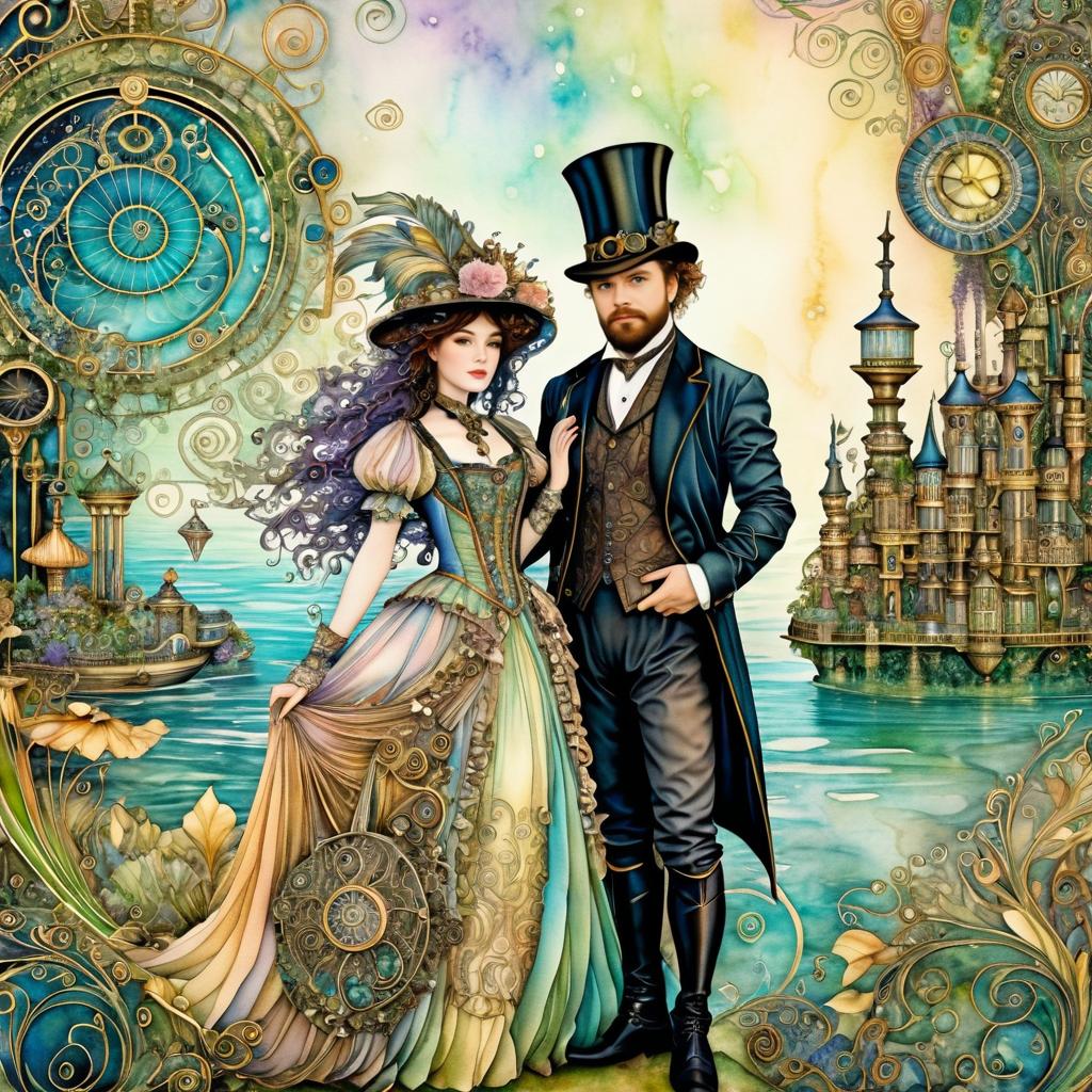 Elegant Steampunk Couple in Whimsical Cityscape