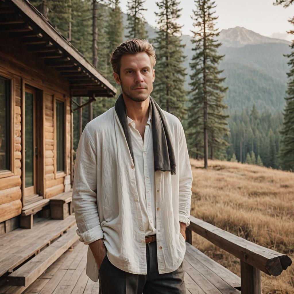 Confident Man on Wooden Deck in Forest