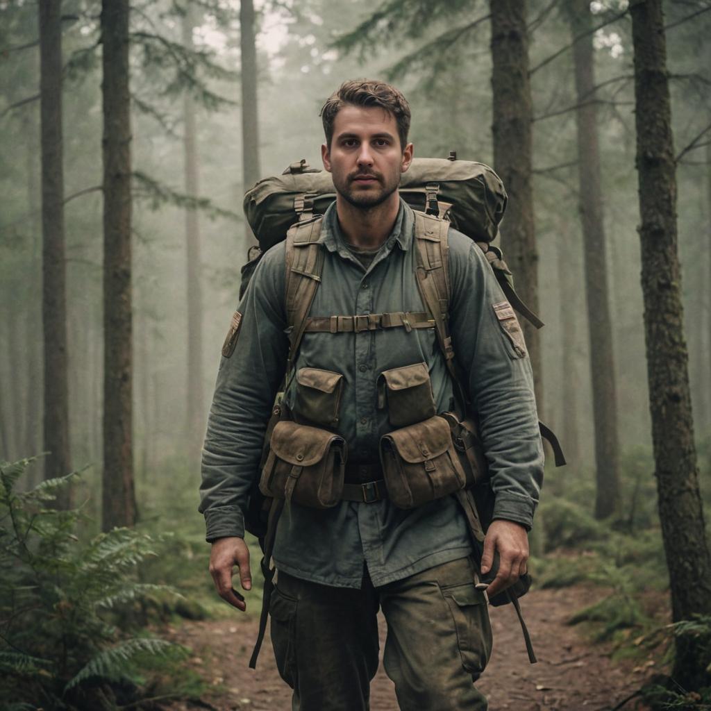 Pensive Man Trekking in Misty Forest