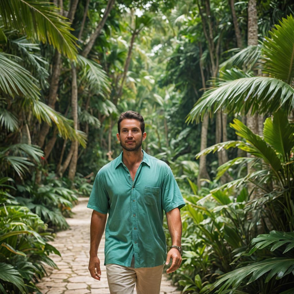 Man Walking on Lush Path at Xcaret Park