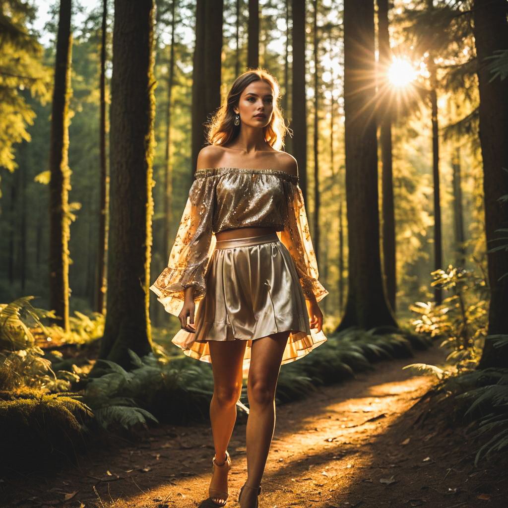 Graceful Woman in Sunlit Forest Path