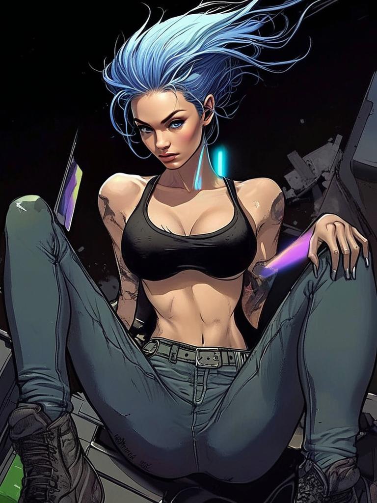 Cyberpunk Woman with Blue Hair in Futuristic Digital Art