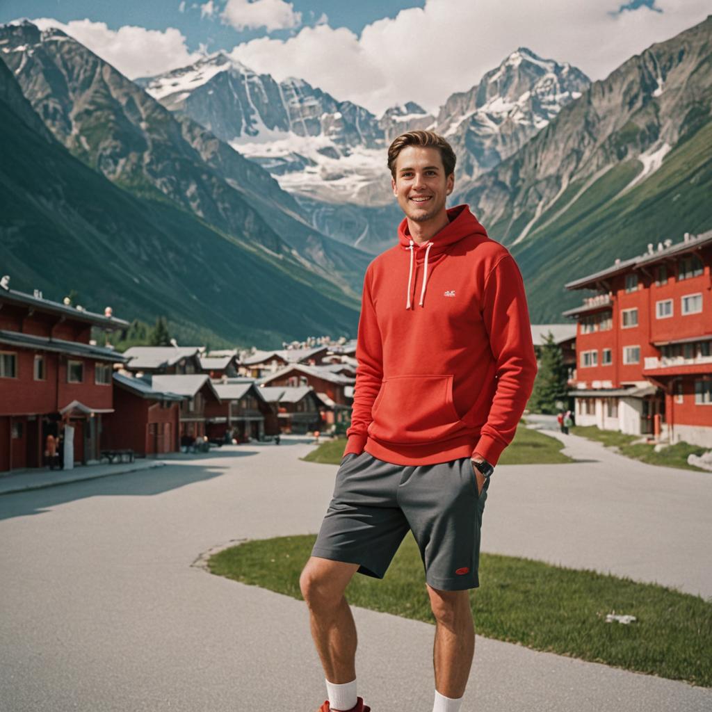 Cheerful man in red hoodie in mountainous landscape