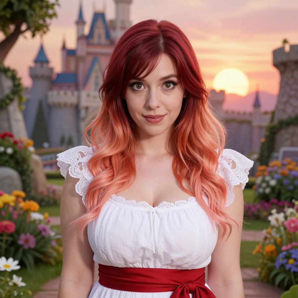 Young Woman with Ombre Hair in White Dress by Castle at Sunset