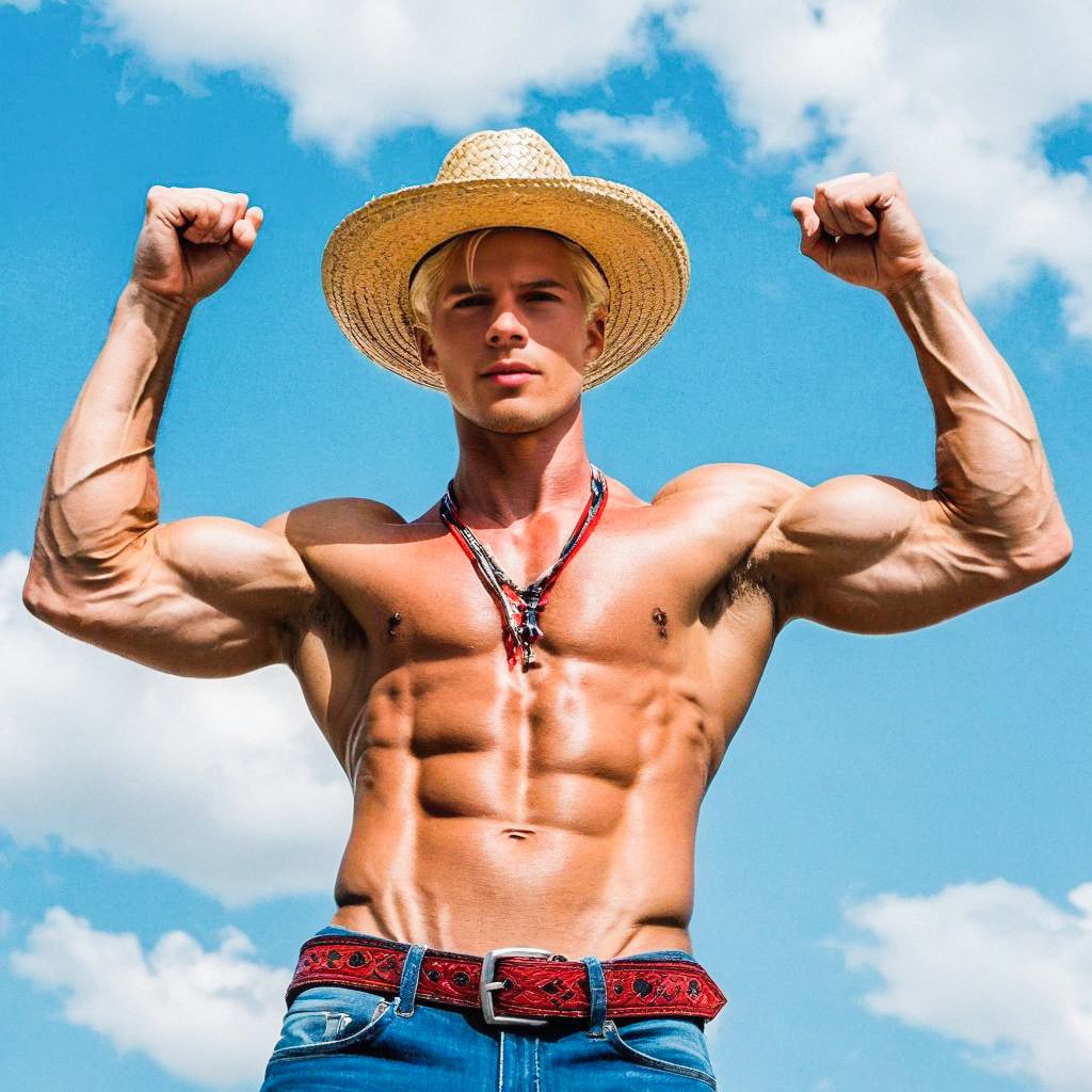 Muscular Young Man Shirtless with Straw Hat Muscular Young Man Shirtless with Straw Hat