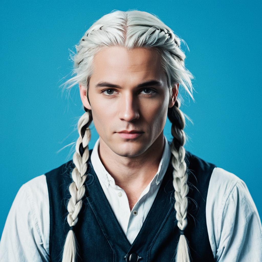 Young Man with Platinum Blonde Braids on Blue Background
