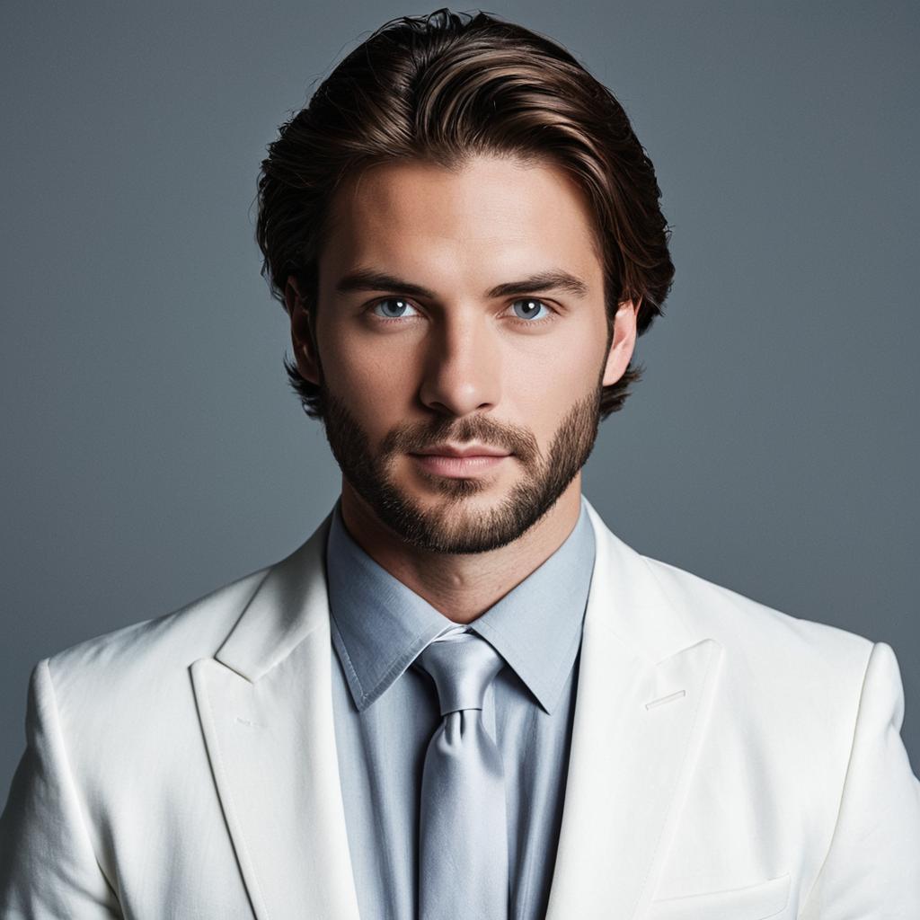 Portrait of Man in White Suit with Blue Eyes and Beard