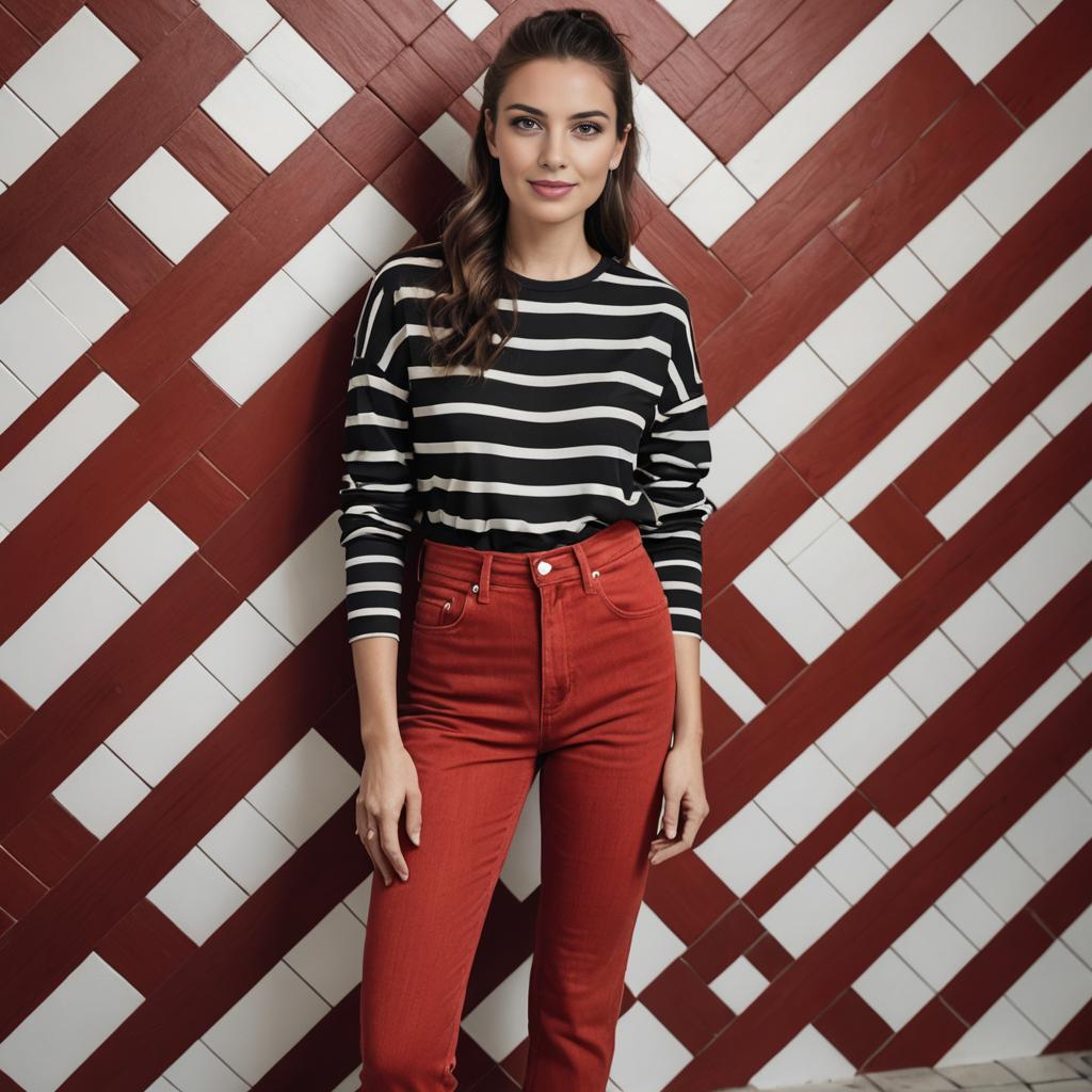 Stylish Woman in Striped Top and Red Jeans