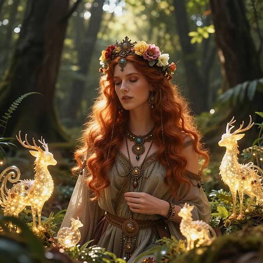 Enchanting Redheaded Woman in Mystical Forest with Glowing Animal Spirits