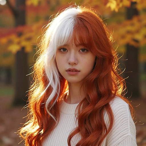 Young Woman with Red and White Two-Tone Hair in Autumn Forest