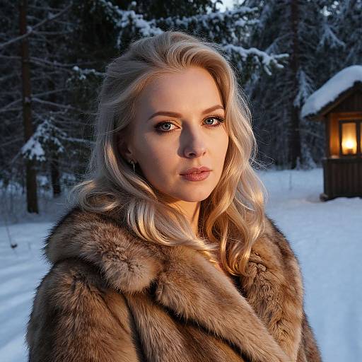 Blonde Woman in Fur Coat Outdoors in Snowy Winter Forest