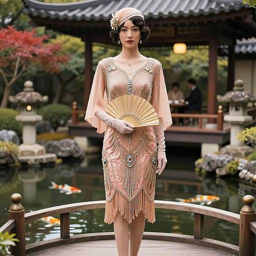 Vintage 1920s Flapper Woman in Elegant Pink Dress Holding Fan in Japanese Garden