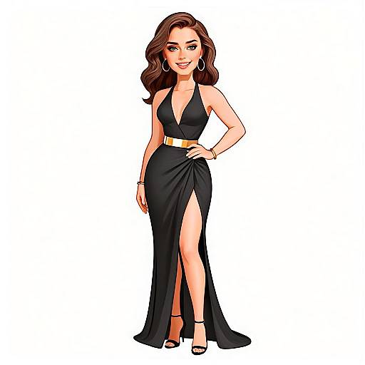 Elegant Woman in Black Evening Dress with Gold Belt Illustration