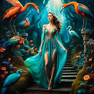 Woman in Turquoise Gown in Mystical Forest