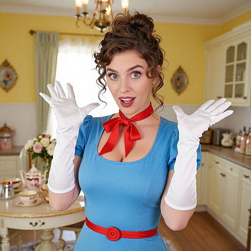 Retro 1950s Style Woman in Blue Dress with White Gloves in Vintage Kitchen