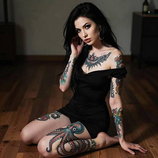 Tattooed Woman in Black Dress Posing Indoors with Octopus Thigh Tattoo