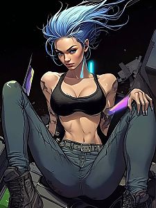 Cyberpunk Woman with Blue Hair in Futuristic Digital Art