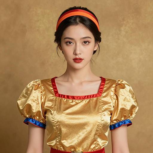 Portrait of Woman in Golden Satin Dress and Red Orange Headband