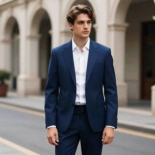 Young Man in Blue Suit and White Shirt Standing Outdoors Fashion Shoot