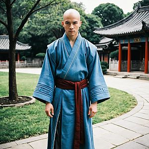 Serious Young Man in Traditional East Asian Attire in Garden