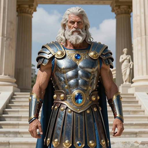 Mythological Warrior in Ornate Ancient Greek Armor with White Hair