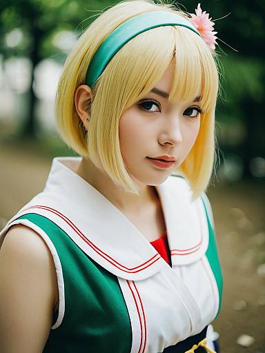 Moriyama Shiemi Cosplay Portrait with Blonde Bob and Green Outfit