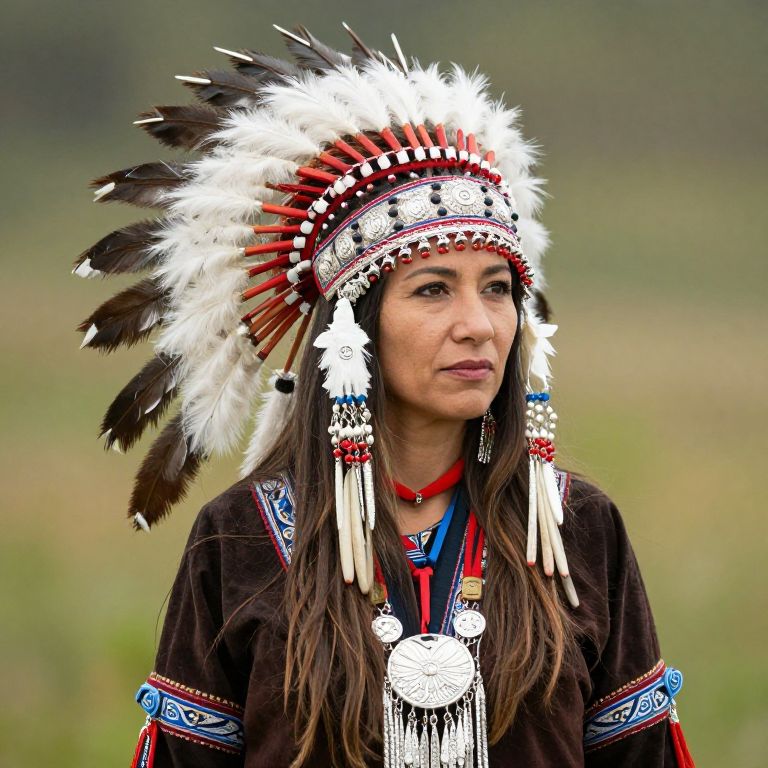 Native American Woman Wearing Traditional Feathered Headdress and Beaded Attire