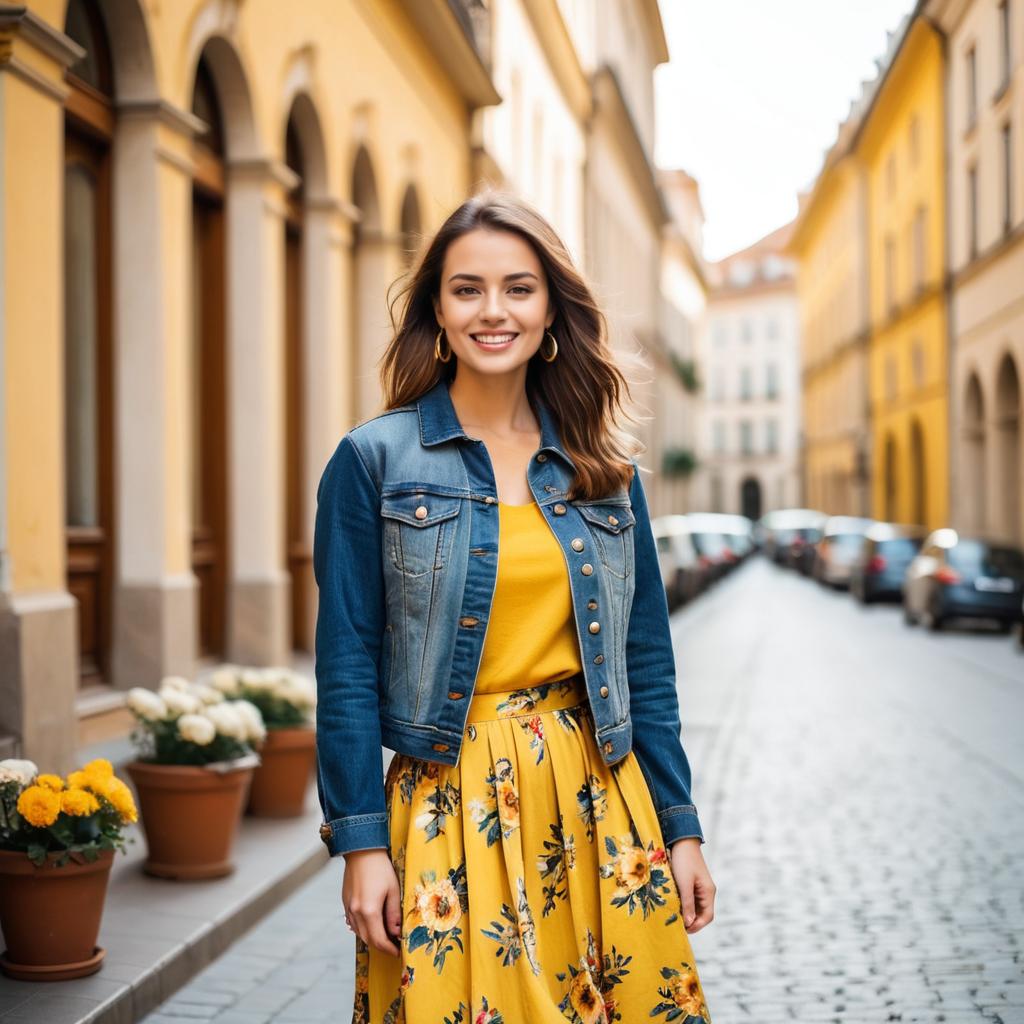 Young Woman in Denim Jacket and Yellow Floral Skirt on Cobblestone Street