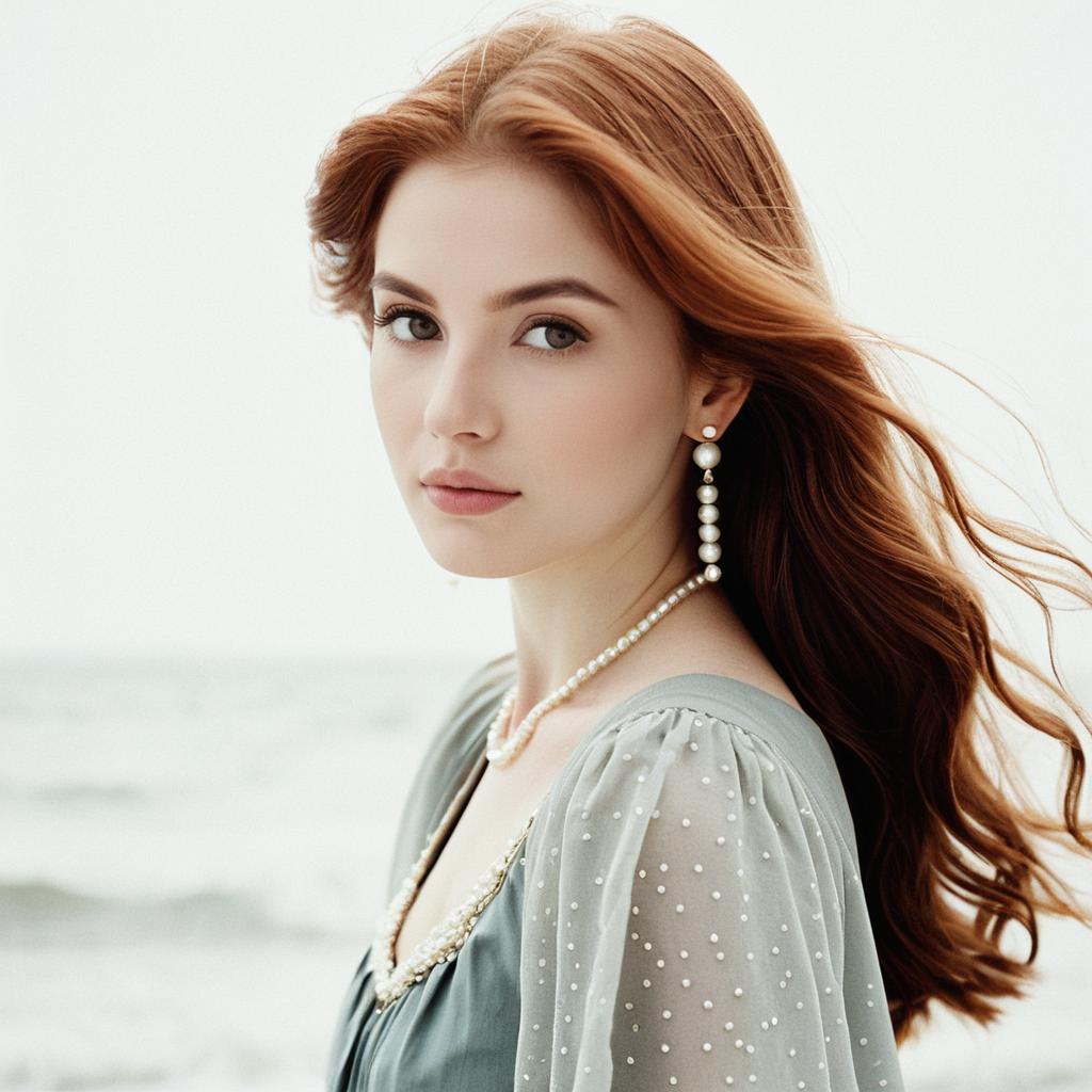 Elegant Red-Haired Woman in Pearl Jewelry by the Beach