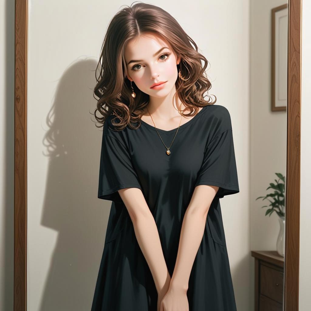 Digital Illustration of Woman in Black Dress with Soft Anime Style