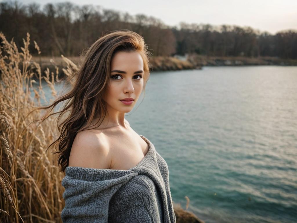 Artistic Portrait of a Woman in Sweater by Lake