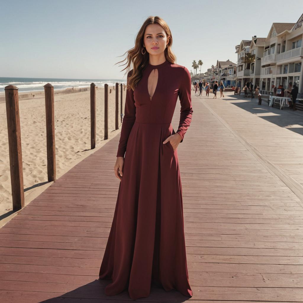 Elegant Woman in Maroon Gown on Beach Boardwalk