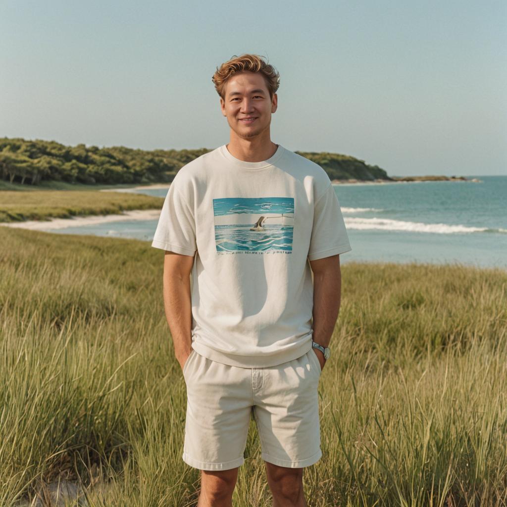 Man in Casual Beach Attire at Serene Coastal Landscape