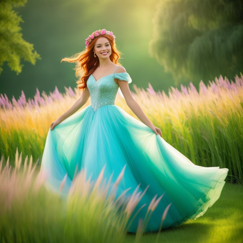 Disney Princess in Turquoise Gown Twirling in Flower Field