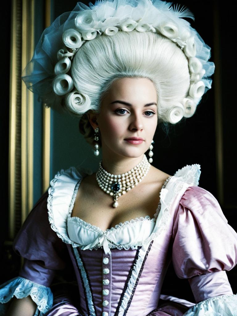 Marie Antoinette Style Woman in 18th Century Fancy Dress with Powdered Wig and Pearls