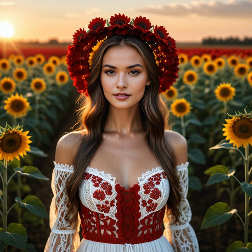 Woman in Floral Headdress in Sunflower Field at Sunset