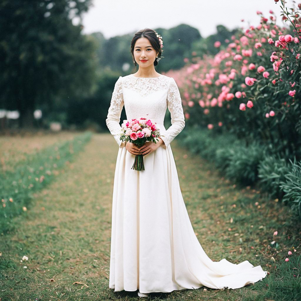 Bride in White Dress with Bouquet in Serene Garden Bride in White Dress with Bouquet in Serene Garden