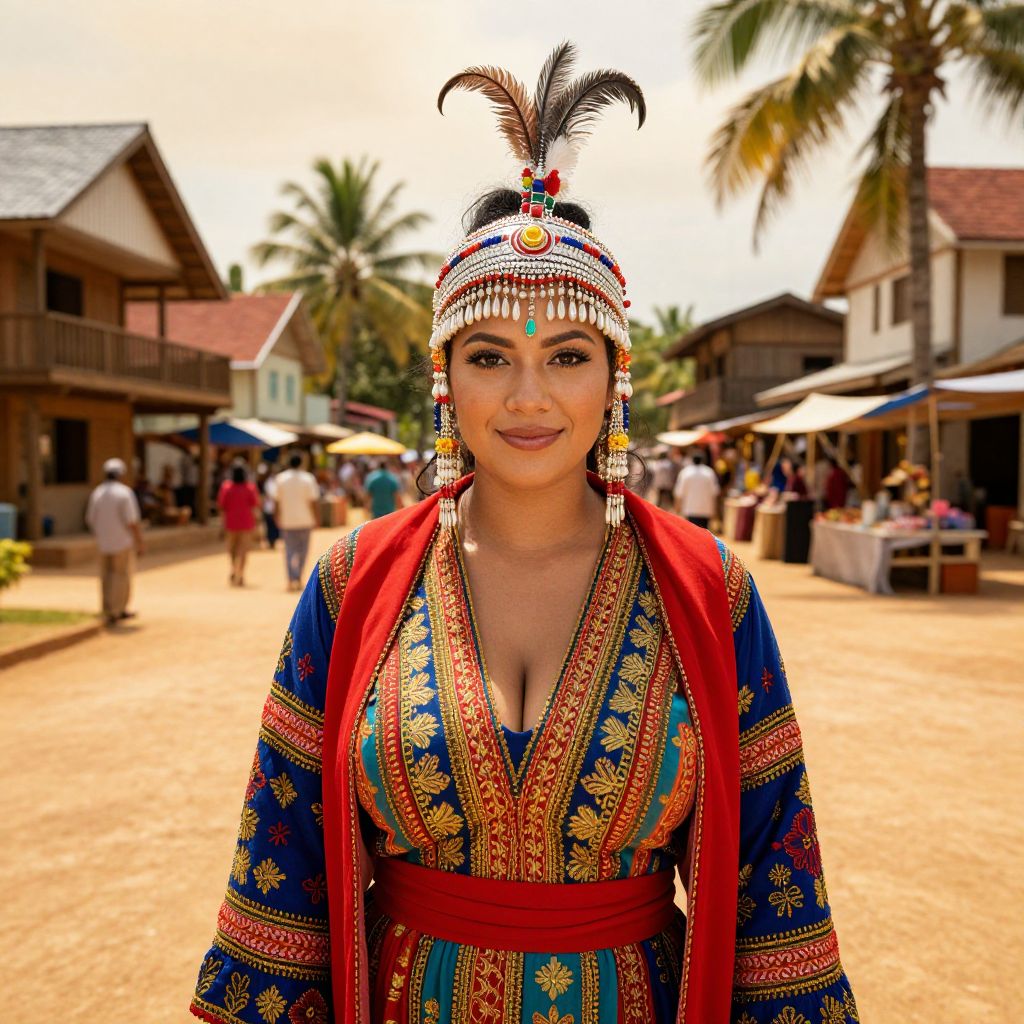 Woman in Vibrant Traditional Attire with Feathered Headpiece at Village Market