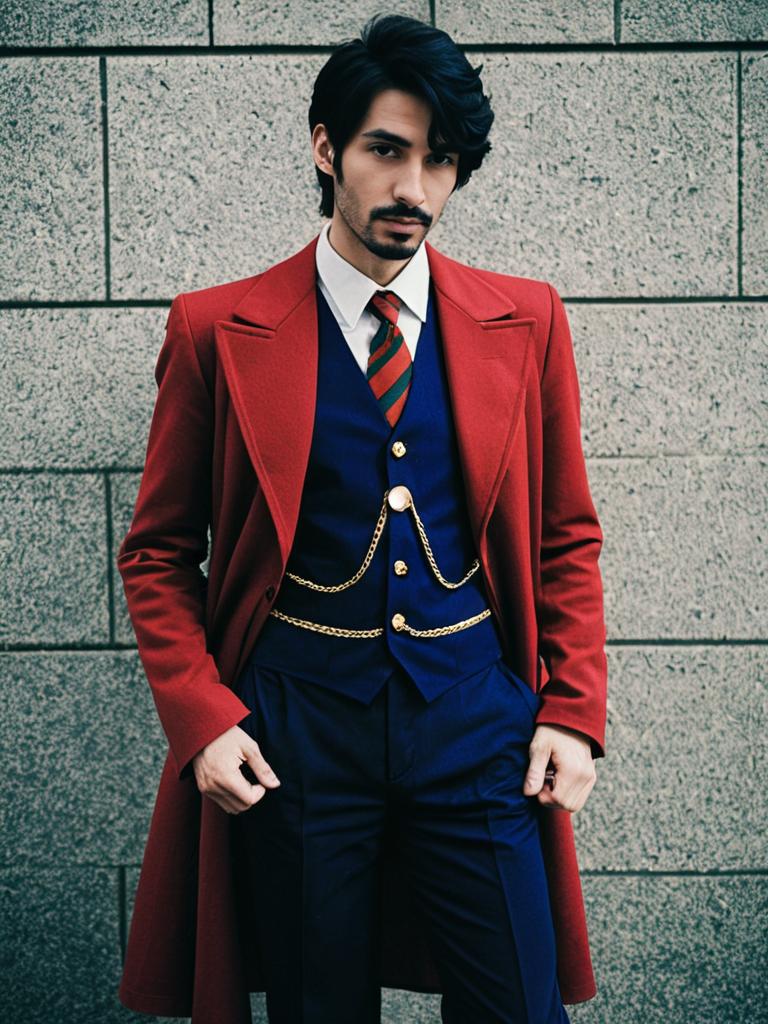 Man in Arsène Lupin III Inspired Cosplay Red Coat and Blue Vest