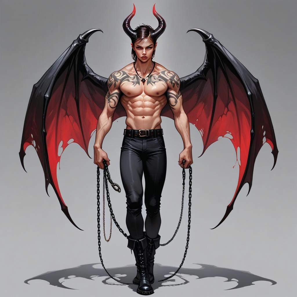 Muscular Man with Bat Wings and Horns