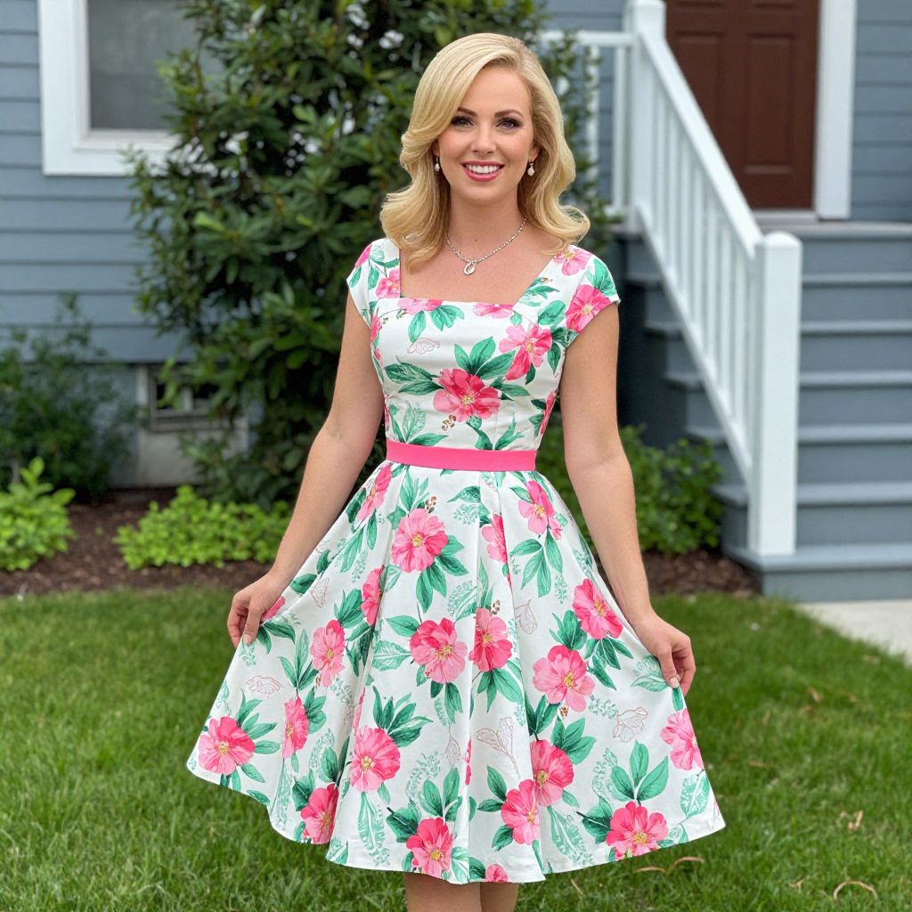 Vintage 1950s Floral Dress Worn by Woman in Garden