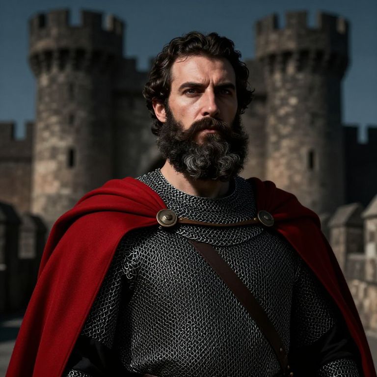 Medieval Knight in Chainmail Armor with Red Cloak at Stone Castle