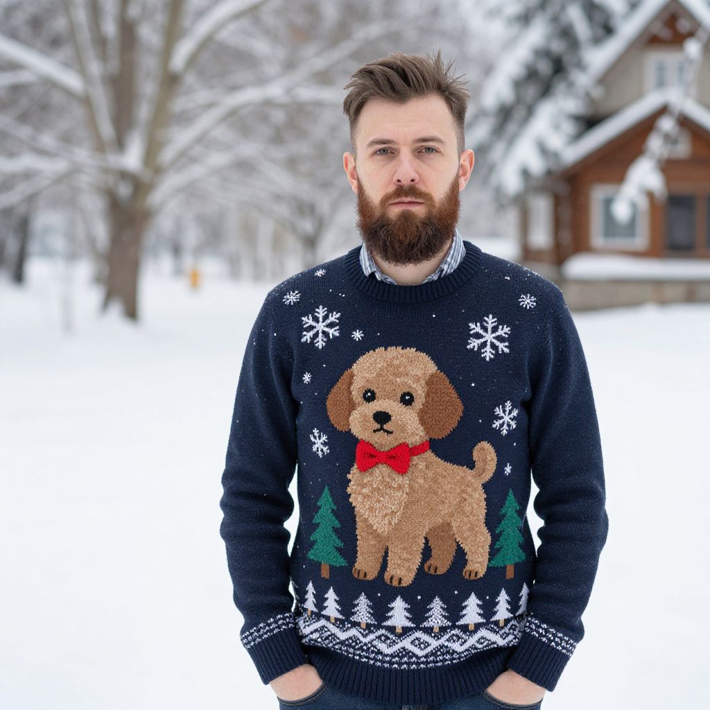 Man Wearing Festive Dog Sweater in Snowy Winter Landscape