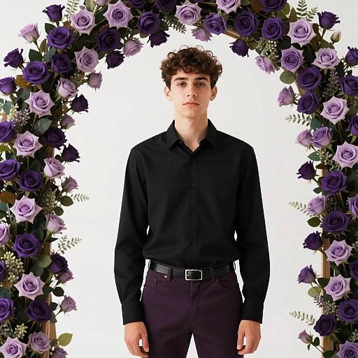 Young Man in Black Shirt Standing by Purple Rose Arch