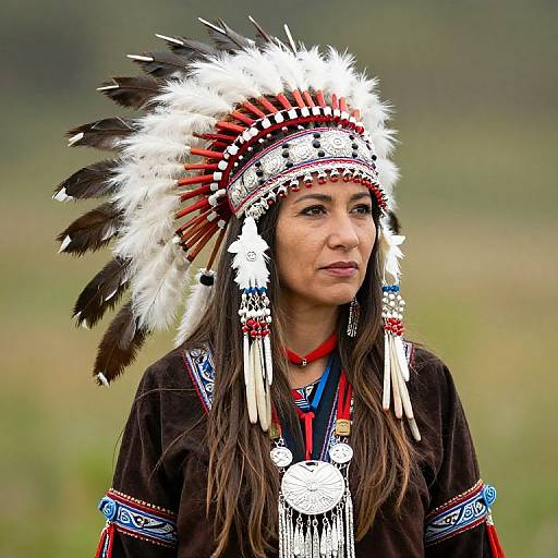 Native American Woman Wearing Traditional Feathered Headdress and Beaded Attire