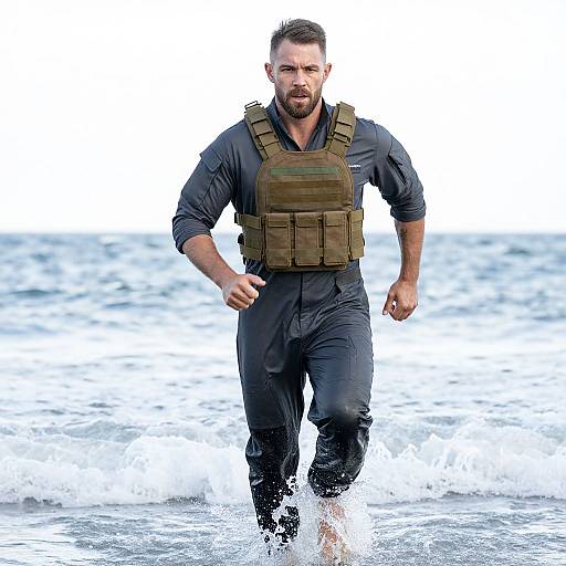 Man Running in Tactical Vest Through Ocean Waves