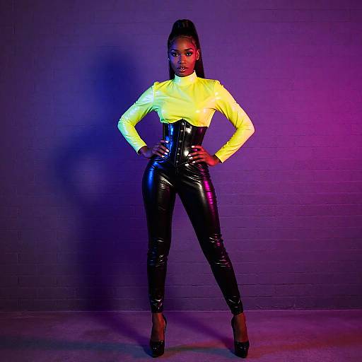 Gen Z Woman in Neon Yellow Latex Top and Black Leather Pants Fashion Portrait