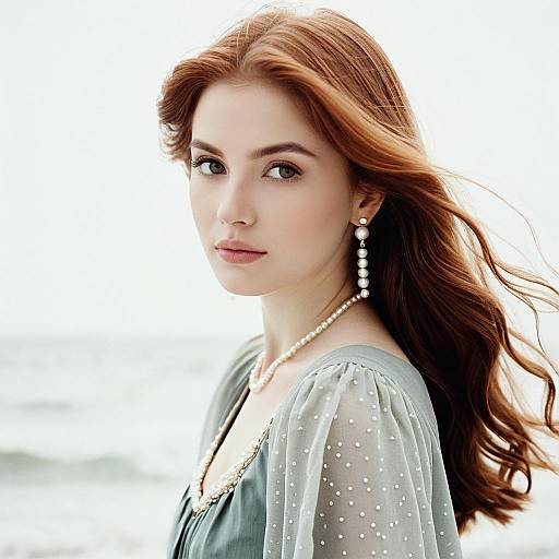 Elegant Red-Haired Woman in Pearl Jewelry by the Beach