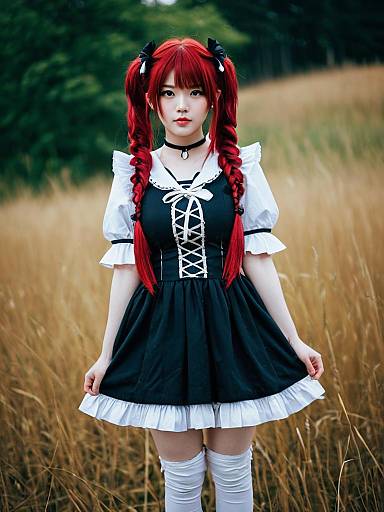 Hanazono Yurine in Black and White Maid Outfit with Red Braided Hair Cosplay