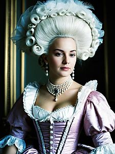 Marie Antoinette Style Woman in 18th Century Fancy Dress with Powdered Wig and Pearls